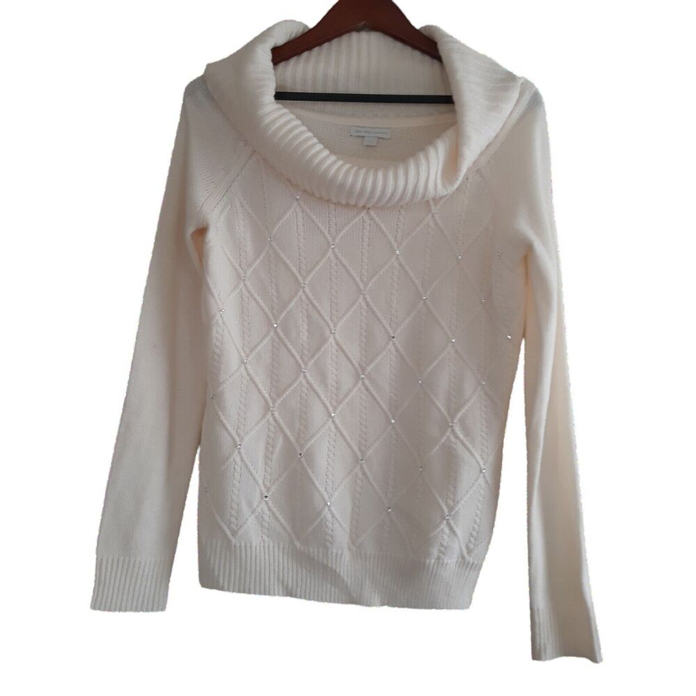 New York & Company Cowl Neck Sweater Women Med. Ivory Diamond Pattern Rhinestone